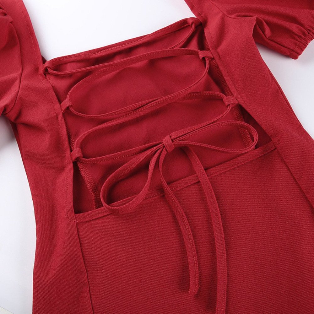RED RUFFLE MINI PUFF SLEEVE DRESS - Picture 8 of 8